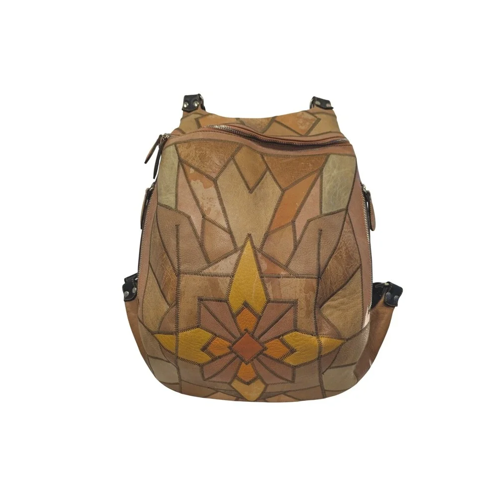 Leonid Titow Patchwork Leather Backpack Brown Tan Geometric Geometric Mosaic Bag